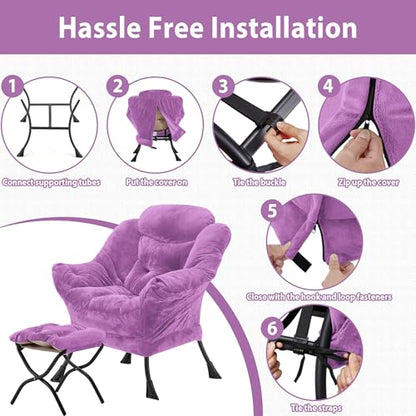 Youtanic Lazy Chair with Folding Ottoman, Accent Chair Plush Upholstered with Metal Structure and Non-Slip Pads, Sofa Armchair with Footrest and Side Storage Bag for Dorm, Room, Office, Purple - color: Plush Purple