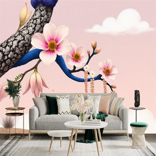 Custom Size Wall Sticker Mural， Blooming Magnolia Tree with Clouds， for wall Decoration， peelandstick wall Decals.