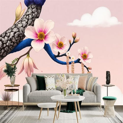 Custom Size Wall Sticker Mural， Blooming Magnolia Tree with Clouds， for wall Decoration， peelandstick wall Decals.