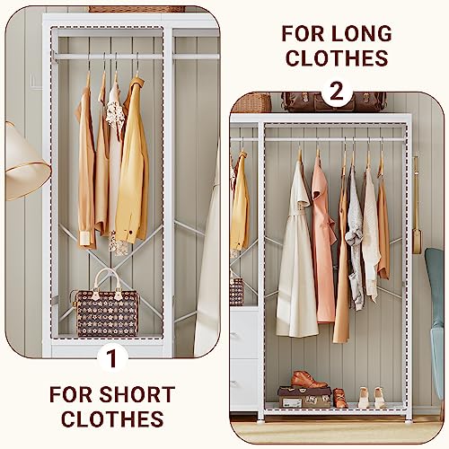 Clothes Rack with 2 Rods, Shelves, Drawers & Hooks, Garment Rack | Clothes rack with 2 hanging rods (50lbs each), 2 shelves, 2 fabric drawers & 4 hooks. 300lb total capacity. Fits small spaces - color: White
