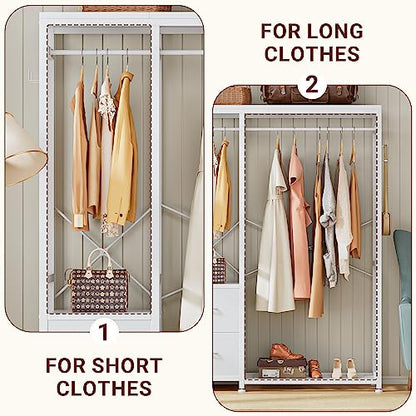 Clothes Rack with 2 Rods, Shelves, Drawers & Hooks, Garment Rack | Clothes rack with 2 hanging rods (50lbs each), 2 shelves, 2 fabric drawers & 4 hooks. 300lb total capacity. Fits small spaces - color: White