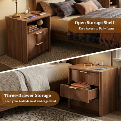 LYNCOHOME 23" Fluted Nightstands Set of 2 with Charging Station, 3 Drawer Bedside Table, Modern Night Stand with Curved Edge, Wooden End Table for Bedroom, Rounded Night Stand with Storage, Walnut - size: 15.7"D x 22.8"W x 24.2"H（3 Drawers）