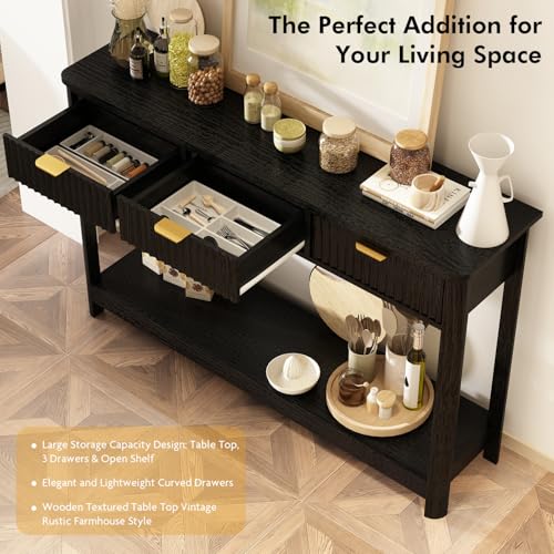 RUSTOWN Fluted Wood Console Table with 3 Drawers, 47.2" Boho Entryway Table | Narrow Behind Couch Sofa Table, Open Storage Shelf, Curved legs, 2 Tier Modern Farmhouse Hallway Table for Living Room, Foyer - color: Black