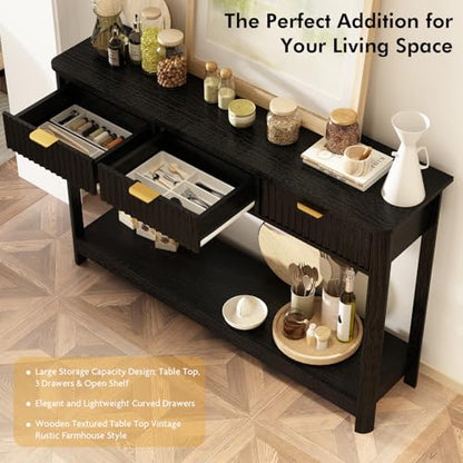 RUSTOWN Fluted Wood Console Table with 3 Drawers, 47.2" Boho Entryway Table | Narrow Behind Couch Sofa Table, Open Storage Shelf, Curved legs, 2 Tier Modern Farmhouse Hallway Table for Living Room, Foyer - color: Black