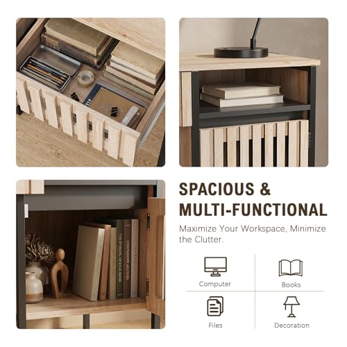 Small Home Office Desk, 46.5" Fluted Writing Desk with 2 Drawers | Compact desk with storage cabinet for bedroom small spaces, dressing table console table, Black and Oak