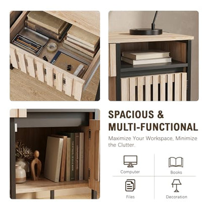 Small Home Office Desk, 46.5" Fluted Writing Desk with 2 Drawers | Compact desk with storage cabinet for bedroom small spaces, dressing table console table, Black and Oak