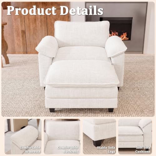 JUMMICO 40" Chaise Lounge Chair with Ottoman, Single Sofa Chair, White | Comfy Chenille, Double Layer Cushion, Wide Armrest, Deep Seat, High-Density Foam, Reading Chair for Living Room - color: White, size: Single Sofa Chair