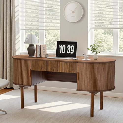 Executive Office Desk with Storage, 63 Inch Large Computer Workstation Desk with Drawer and File Cabinets, Mid Century Modern Fluted Wood Writing Desk for Home Office, Study Room, Living Room, Walnut - color: Walnut