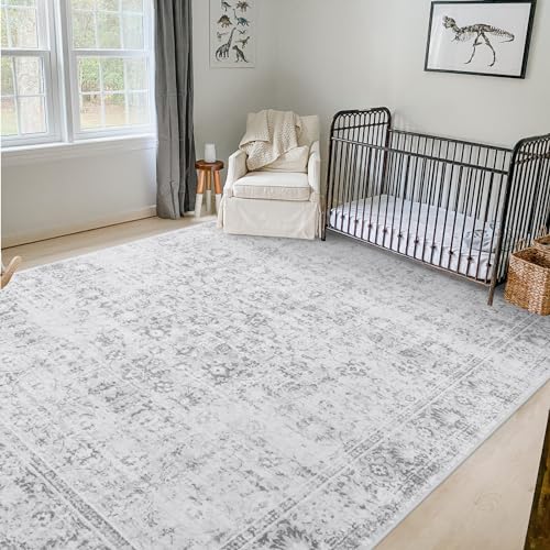 LIVEBOX Washable Area Rug 8x10 - Large Boho Living Room Rug Vintage Grey Rugs for Bedroom, Non-Slip Retro Floral Carpet Print Distressed Accent Rugs for Dining Room Home Office - color: Silvergray, size: 8' x 10' (Rectangular)