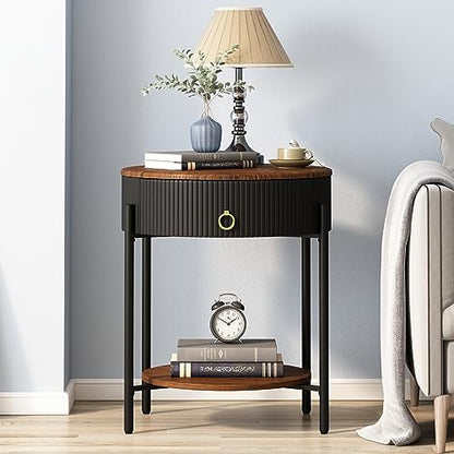 OIOG Wood Grain Side Table with Drawer, 2 Tier End Table, Black and Brown | Round Nightstand, Modern Side table, End Table with Storage, MDF Tabletop ang Shelf, For Living Room, Bedroom, Office, Dorm - color: Black