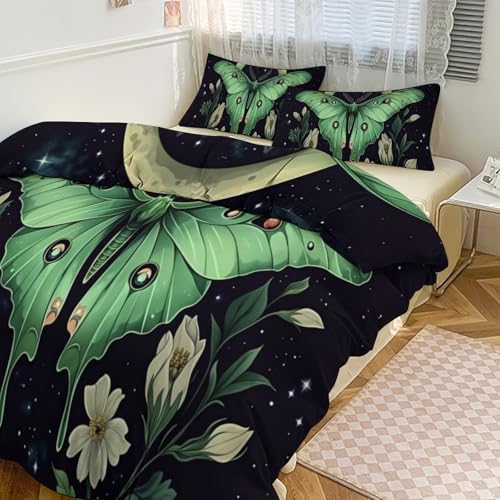 Boho Green Moth Moon 3 Piece Reversible Bedding Set 90"x90",Double Sided Brushed Microfiber Duvet Cover Set with 2 Pillowcases Soft Breathable Comforter Cover for Home - color: Boho Green Moth Moon, size: 90"x90"