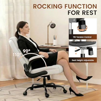 GTPLAYER PU Leather Office Chair, Home Desk Chair with Flip-up Arms, White | Ergonomic Back, Comfy Executive Chair for Home Office Gaming, Flexible Rocking, Heavy Duty Chairs - color: White