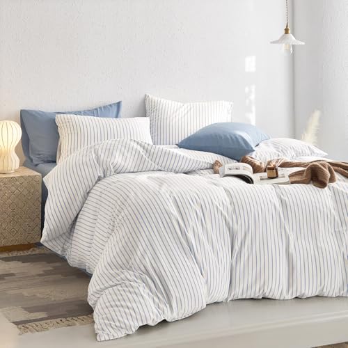 Wake In Cloud - Striped Cotton Duvet Cover Set, Ticking Stripe Vertical Pinstripe Farmhouse, 100% Washed Cotton Textured Bedding Set, 3 Pieces, Blue White, Full Size - color: Blue White, size: Full
