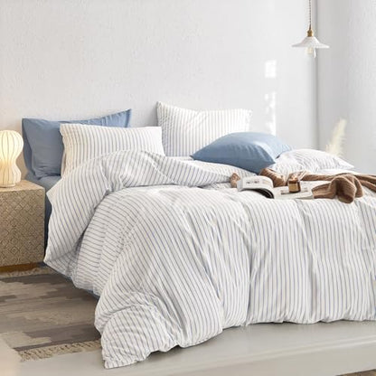 Wake In Cloud - Striped Cotton Duvet Cover Set, Ticking Stripe Vertical Pinstripe Farmhouse, 100% Washed Cotton Textured Bedding Set, 3 Pieces, Blue White, Full Size - color: Blue White, size: Full