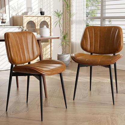 Dining Chairs Set of 4, Mid Century Modern Dining Room Chairs, Upholstered Faux Leather Kitchen Chairs with Walnut Bentwood Back and Metal Legs, Brown - color: Brown, size: Set of 4