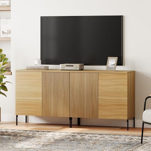 WAMPAT 63" W Fluted TV Stand TVs up to 70",2 in 1 Modern TV Entertainment Center with Storage and Adjustable Shelves, Wood Media TV Consoles Table with Storage for Living Room, Oak - color: Oak, size: 63" W