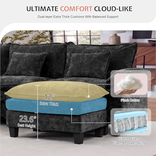 85" Modular Sectional Sofa with Storage, Comfy Cloud Couch Sleeper | Chaise Lounge, Deep Seat, Moveable Ottoman, Throw Pillows, Cloud Comfort Couches for Living Room Bedroom, Chenille Black - color: Black, size: 85" - 4 Seat