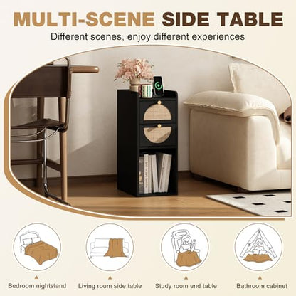 Narrow Nightstand Set of 2 (Rattan & Wood) - Small Bedside Table with 2 Drawers, Open Shelf, Mid Century Modern End Table - for Bedroom, Living Room & Small Spaces, Black - color: Black, size: 9.9"W (2 Pc)