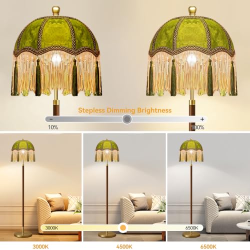 ILLMTW Vintage Floor Lamp for Living Room,Bedroom,Dimmable Standing Lamp with Remote,Green Mid Century Gold Tall Lamp Boho Retro Floor Light Wood Fringe Tassel Flower Unique Tiffany Victorian Decor - size: Floor Lamp-38