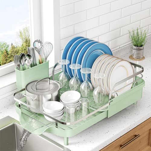 SNTD Expandable Dish Drying Rack for Kitchen Counter, 15.2-22.1 in, Green | Rust-Resistant Stainless Steel, Protective Side Rails, Self-Draining Drainboard, Removable Utensil Holder - color: Green