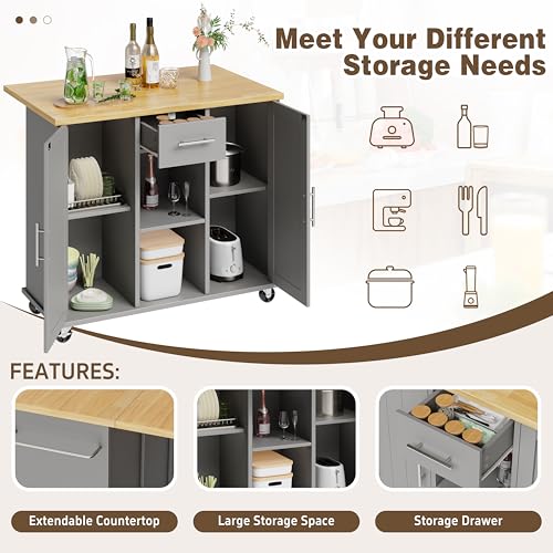 Shintenchi Kitchen Island with Storage, Bar Cart Cabinet Island Table on Wheels, Rolling Microwave Cart for Kitchen with Drop Leaf, Drawers, Towel Rack, Seating Area for Dining Room, Gray - color: Gray-42 Inch
