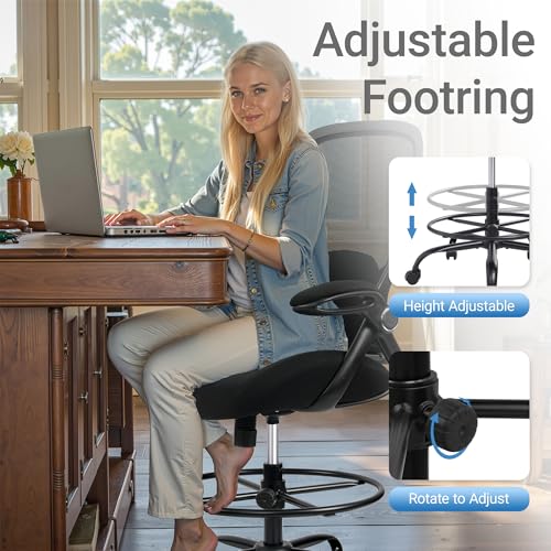 400lbs Big and Tall Heavy Duty Drafting Chair 5" Thickened Seat Tall Office Chair Flip-Up Armrests Ergonomic Chair with Lumbar Support and Adjustable Footrest Ring Standing Desk Chair (Black) - color: Black
