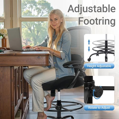 400lbs Big and Tall Heavy Duty Drafting Chair 5" Thickened Seat Tall Office Chair Flip-Up Armrests Ergonomic Chair with Lumbar Support and Adjustable Footrest Ring Standing Desk Chair (Black) - color: Black