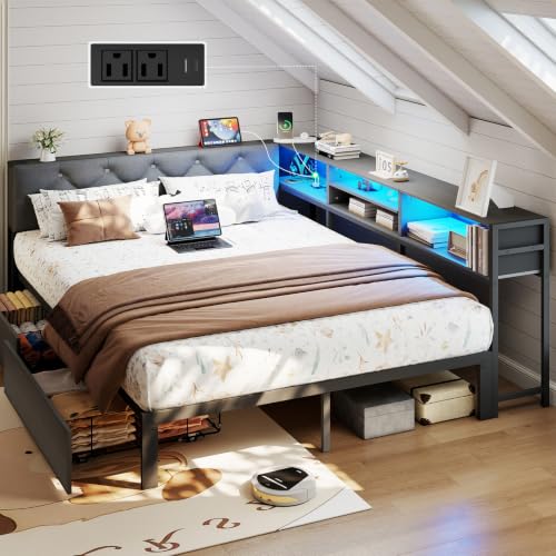 Full Corner Bed Frame with Storage Headboard and Bookcase, Full Size Metal Platform Bed Frame with LED Lights and Charging Station, Upholstered Daybed with 2 Drawers for Kids Teens, Vintage Brown - color: Dark Gray, size: Full