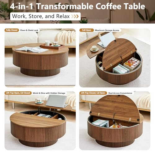 33" Round Coffee Table with Lift-Top & Flip-Top Storage, Modern Accent Fluted Coffee Tables with Metal Frame, Wooden Circle Center Table for Living Room Small Space Apartment Office (Walnut) - color: Walnut 33" Round Lift-top & Flip-top