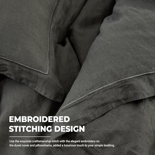 Simple&Opulence 100% Washed Linen Duvet Cover Set with Embroidered,2 Pieces Soft Farmhouse Comforter Set with Button Closure,1 Duvet Cover and 1 Pillowsham(Twin,Dark Grey) - color: Embroidery Dark Grey, size: Twin