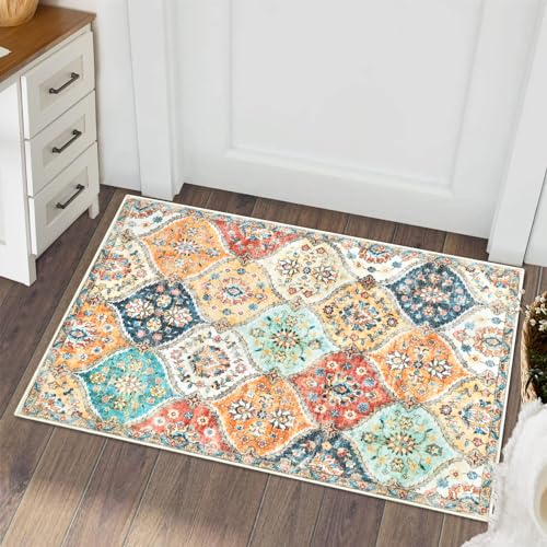 ROYHOME Washable Area Rug Moroccan Trellis Entryway Rug Doormat, 2' x 3' | Stain Resistant Non-Slip Accent Rug Vintage Medallion Distressed Floor Carpet for Front Entrance Kitchen Bathroom, Cream - color: Cream/Multi, size: 2' x 3'