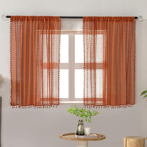 WAZZIO Burnt Orange Curtains Sheer 45 Inch Length Bedroom Short Small Cafe Rod Pocket Vintage Fall Privacy Let Light in Cotton Lace Boho 2 Panel, Terracotta - color: Burnt Orange, size: 59"W x 45"L (Pack of 2)