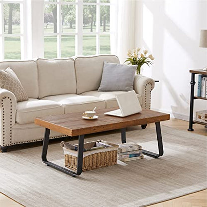 Natural Solid Wood Coffee Table, Rustic Center Tables for Living Room | Rectangle Metal and Real Wooden Tea Table, Modern Industrial Minimalist Wooden Cocktail Tables, Rustic Brown, 47 Inch - size: 47 inch