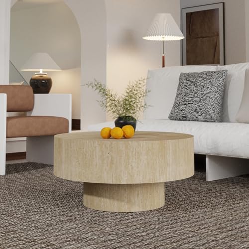Round Drum Travertine Coffee Table with Pedestal Base | 30'' Modern Travertine Wooden Drum Center Table,Travertine Finish Drum Shape, Wooden Structure, For Living Room & Apartment - color: Travertine Round
