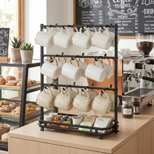 Coffee Mug Holder for Countertop, 22 Hooks Metal Coffee Cup Holder Rack | 3 Tier Mug Tree Holder Rack, Mug Tree Stand with Storage Base for K Cup Coffee Pod Paper Cups Tea Bag, Black - color: 3-Tier