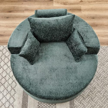 55" Oversized Round Chaise Longue Chair Indoor, Upholstered Chenille Circle Single Cloud Reading Sofa Chair Deep Seat Modern Boneless Sleeper Couch No Assembly Required, Green - color: Green, style: 55"Chenille