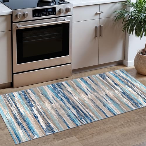 Lansny Modern Abstract 2x5 Runner Rug Non Slip Washable Kitchen Rugs | Blue;Thin Printed Faux Wool Entryway Runners;Hallway Rug Runner;Carpet Ruuner for Bedroom, Laundry Room - color: Blue Aqua/Beige Taupe Multi, size: 2' x 5' (Runner)