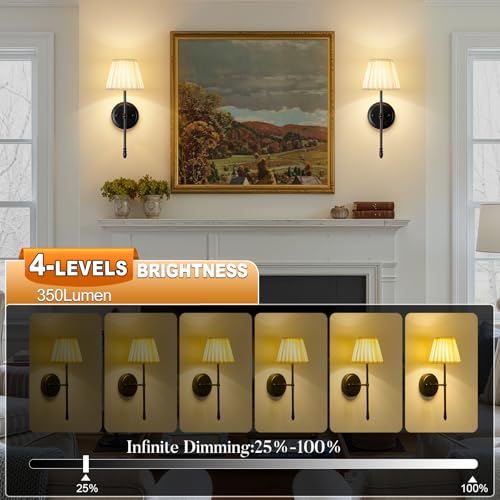 Battery Operated Wall Sconces Dimmable Led Bulds and Remote | Black Wireless Wall Lights Set of 2 , 10000mAh Rechargeable Fabric Wall Mounted Lamp for Bedroom, Living Room, Hallway - color: Black