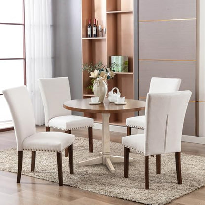 COLAMY Upholstered Dining Chairs Set of 2, Parsons Style Side Chairs with Nailhead Trim and Solid Wood Legs, Comfortable Linen Fabric for Kitchen & Dining Room – Beige - size: set of 2