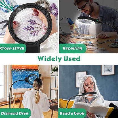 Large 10X Rechargeable Hands Free Magnifying Glass for Reading with Light | Flexible Gooseneck Floor Magnifying Lamp,36 LED,Adjustable Brightness,Lighted Magnifiers for Reading,Sewing,Crafts