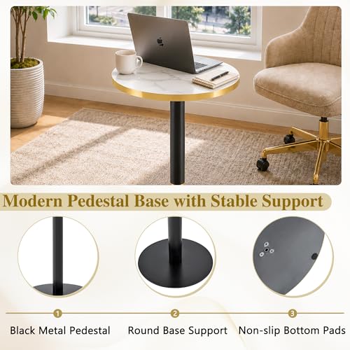 TesNus 23.6" Small Round Dining Table for 2, Circle Tulip Table, Faux Marble Top with Black Metal Pedestal Base, Modern Leisure Coffee Table for Small Spaces, Cafe, Office, White&Black - color: White Top&black Base