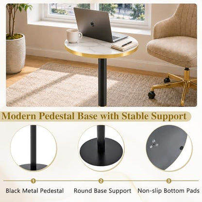 TesNus 23.6" Small Round Dining Table for 2, Circle Tulip Table, Faux Marble Top with Black Metal Pedestal Base, Modern Leisure Coffee Table for Small Spaces, Cafe, Office, White&Black - color: White Top&black Base