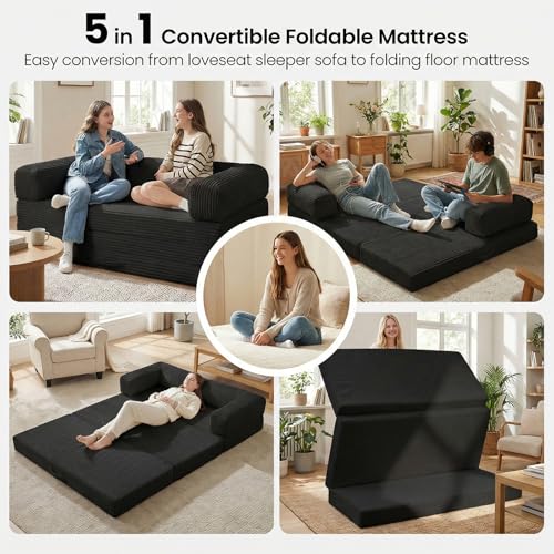 Erament Futon Sofa Bed, Convertible Tri-Folding Mattress Foldable Mattress with Removable Armrests & Washable Cover, Small Couch Bed with High-Density Foam, No-Assembly, Full, Black - color: Black, size: Full