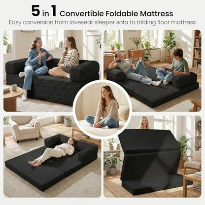 Erament Futon Sofa Bed, Convertible Tri-Folding Mattress Foldable Mattress with Removable Armrests & Washable Cover, Small Couch Bed with High-Density Foam, No-Assembly, Full, Black - color: Black, size: Full