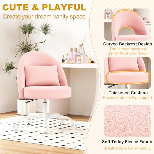 Misolant Vanity Chair with Back, Armless Cute Office Chair with Wheels for Girls, Teddy Fleece Fabric Small Desk Chairs with Adjustable Height, Lumbar Support Pillow, 360°Swivel for Makeup Room, Pink - color: Pink