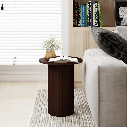 COVLON Round Side Table, Fluted Drum End Table, Tambour Accent Table | Mid Century Modern Nightstand & Wood Plant Stand for Small Spaces, Living Room, Bedroom, Home Office, Brown