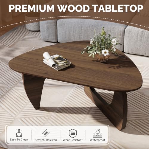 Modern Wood Coffee Table, Triangle Center Table with Premium Wooden Top& Unique Base, 35.5” Small Mid Century Tea Tables for Living Room, Apartment, Office,Walnut - color: Walnut, size: Medium 35.5*25.5*15.7in
