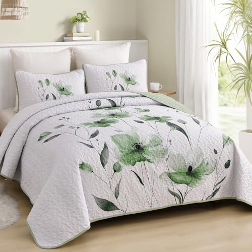 Mybedsoul Floral Quilt Set Queen Size, 3 Pieces Sage Green Bedspread Coverlet Set, Lightweight Farmhouse Botanical Bedding Set for Fall Winter All Season(96"x90") - color: Sage Green, size: Queen96"x90"