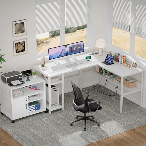 Unikito Reversible L Shaped Computer Desk with Magic Power Outlets and USB Charging Ports, Sturdy Corner Desk with Storage Shelves, Durable Work Desk for Home Office, Easy to Assemble, White - color: Pure White