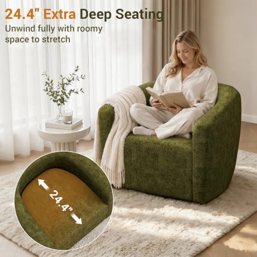 YaFiti Modern Swivel Accent Chair 1 pcs, Round Barrel Club Armchair, Green | Chenille Fabric, 24.4” Deep Seat, FSC Solid Wood, 400lbs Capacity, Barrel Club Chair, Upholstered Armchair for Living Bedroom - color: Green